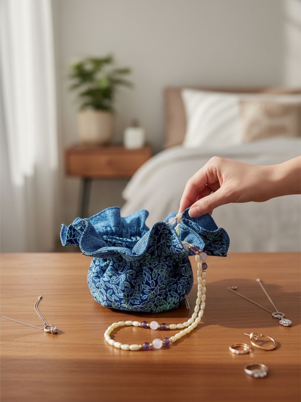 Elegant Blue Leaf Pattern Drawstring Jewelry Travel Cinch Bag